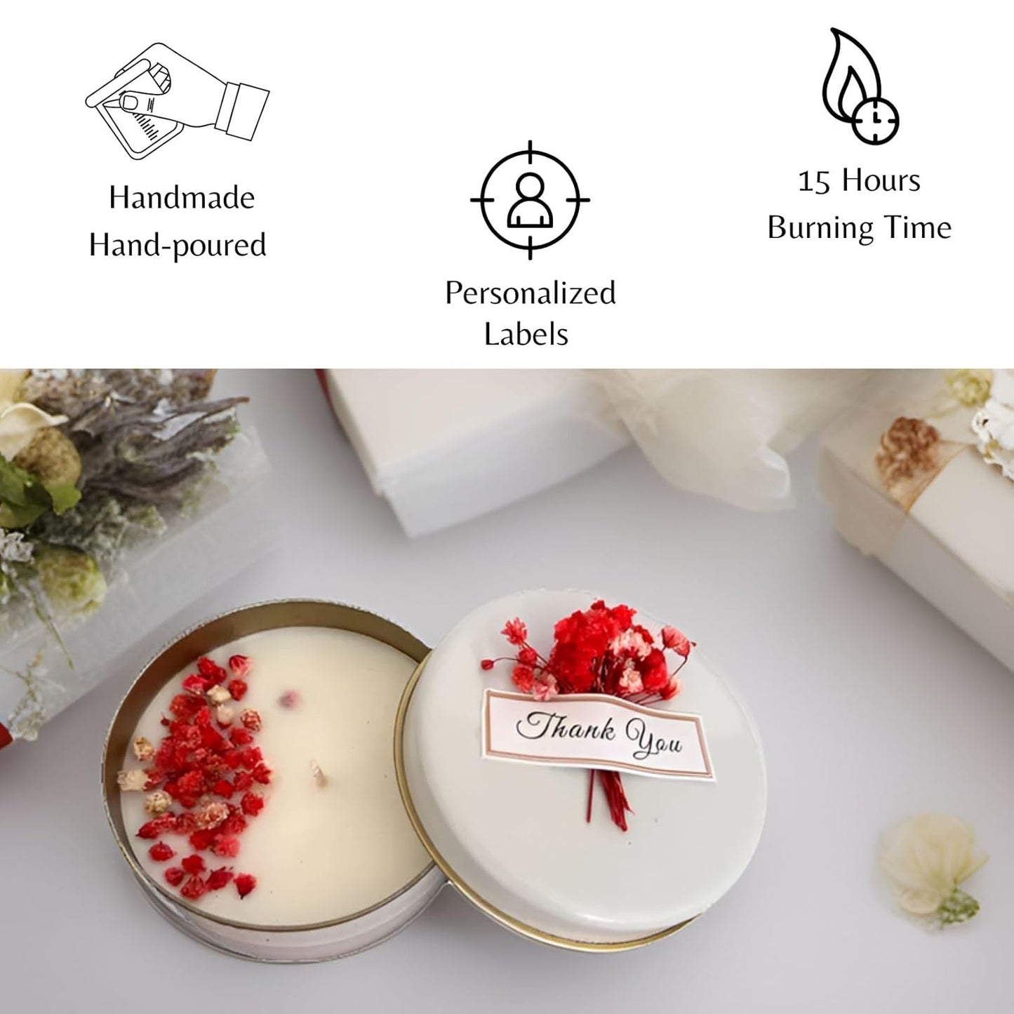 Personalized Natural Soy Wax Wedding Favor Candle Gift Set for Guest - Fall Winter Christmas Custom Dried Flower Bridal Baby Shower Gifts in Bulk (100 Pieces, Pink Flower)