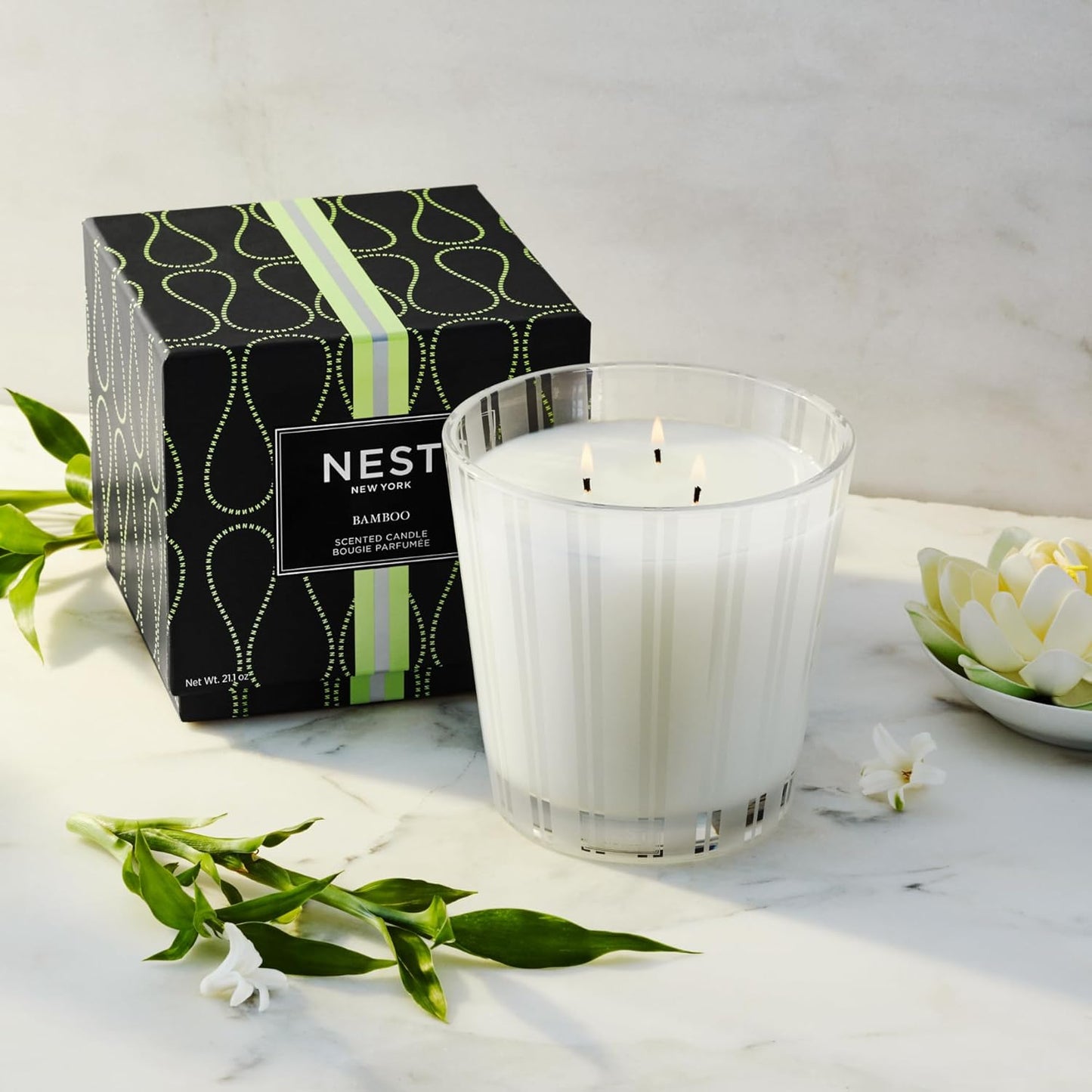 NEST New York Scented 3-Wick Candle Duo - Bamboo & Grapefruit, 21.2 oz, Pack of 2 - Up to 100-Hour Burn Time - Reusable Glass Vessel