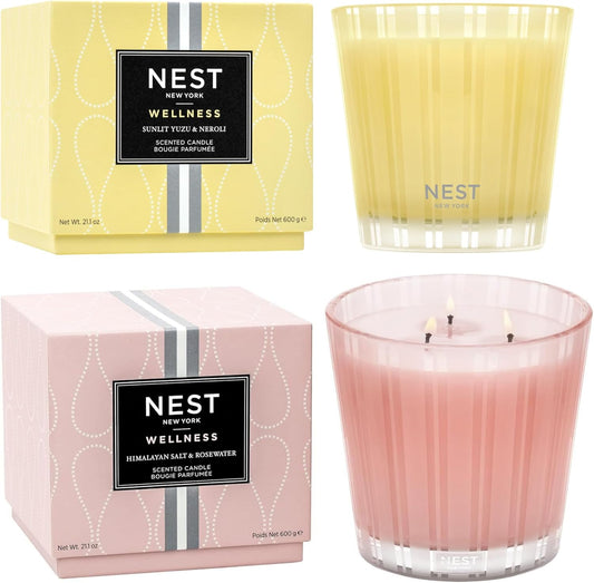NEST New York Scented 3-Wick Candle Duo - Himalayan Salt & Rosewater and Sunlit Yuzu & Neroli, 21.2 oz, Pack of 2 - Up to 100-Hour Burn Time - Reusable Glass Vessel