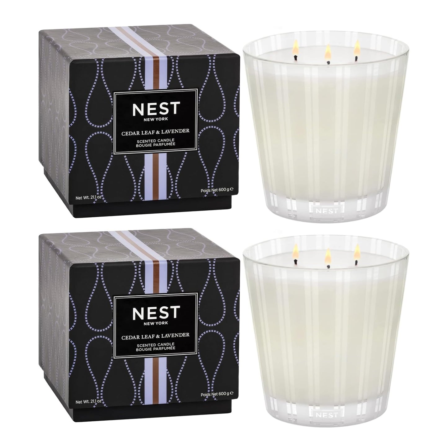 NEST New York Scented 3-Wick Candle Duo - Bamboo & Grapefruit, 21.2 oz, Pack of 2 - Up to 100-Hour Burn Time - Reusable Glass Vessel