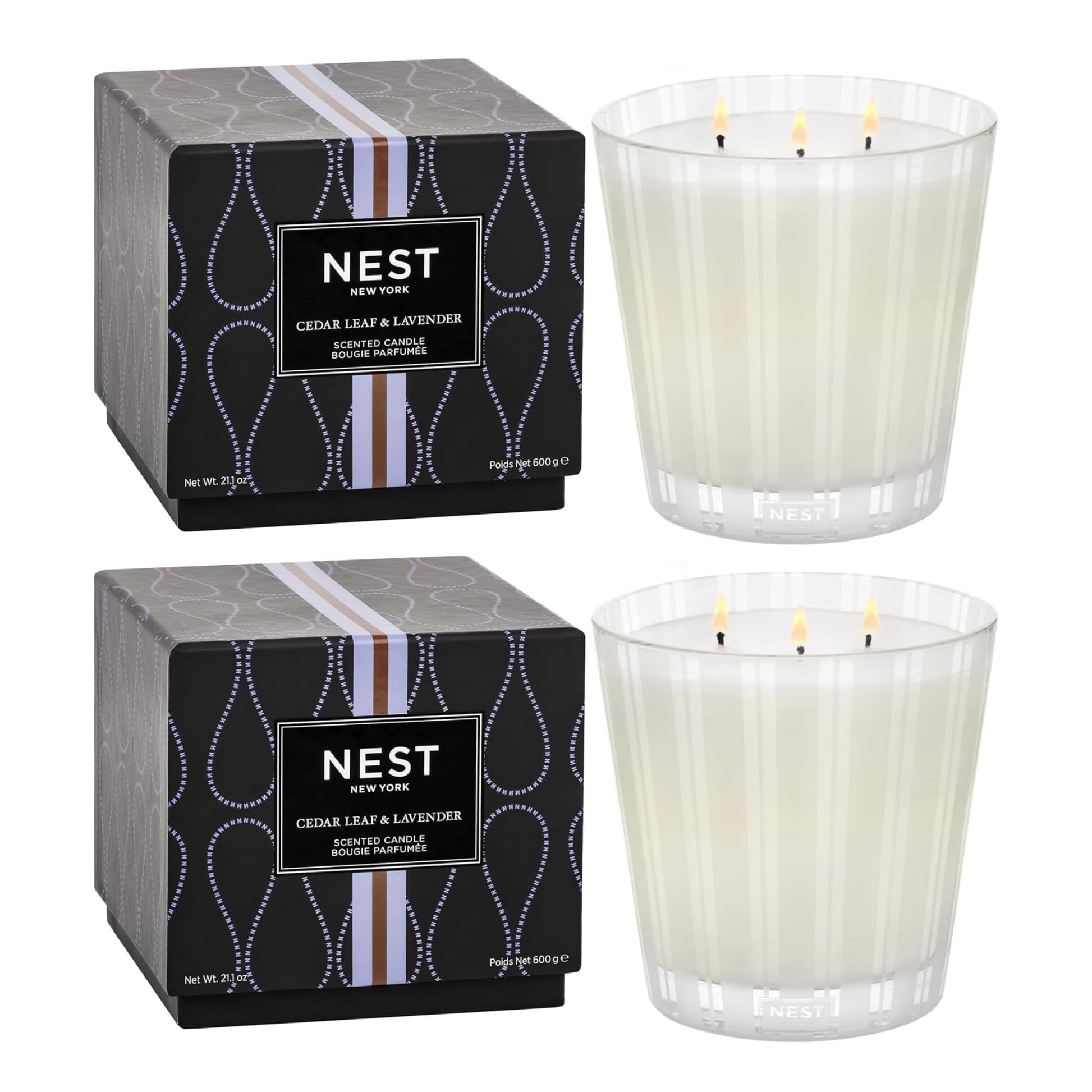 NEST New York Scented 3-Wick Candle Duo - Bamboo & Grapefruit, 21.2 oz, Pack of 2 - Up to 100-Hour Burn Time - Reusable Glass Vessel