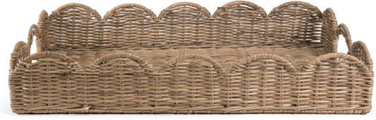 happimess TRY1000A Scalloped 21.5" Southwestern Cottage Hand-Woven Rattan Tray with Handles for Storage,Decoration, Display, Coffee Table or Serving Food, Natural