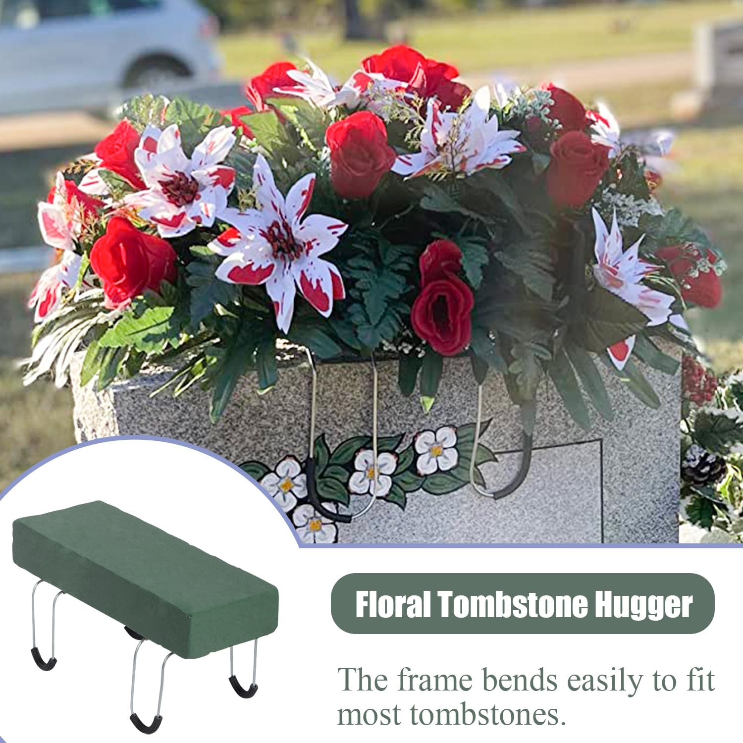 4Packs Headstone Flower Saddles Gravestone Saddle with Floral Foam for Grave Cemetery Headstones Tombstone Decoration (Blue, 11.5'')