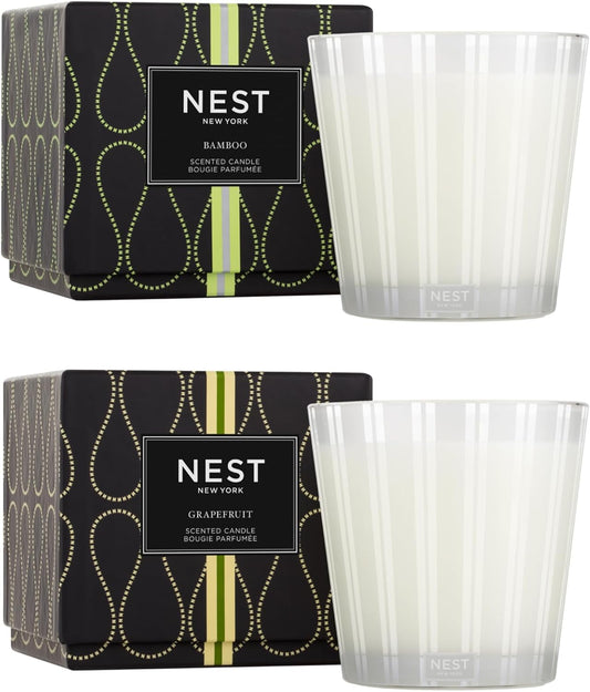 NEST New York Scented 3-Wick Candle Duo - Bamboo & Grapefruit, 21.2 oz, Pack of 2 - Up to 100-Hour Burn Time - Reusable Glass Vessel