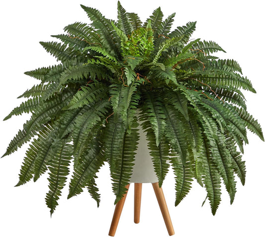 Tuscan Treats 2.5ft. Boston Fern Artificial Plant in White Planter with Legs, 27" D x 27" W x 30" H, Realistic Green Leaves, No Maintenance Faux Plant, Indoor/Outdoor Use