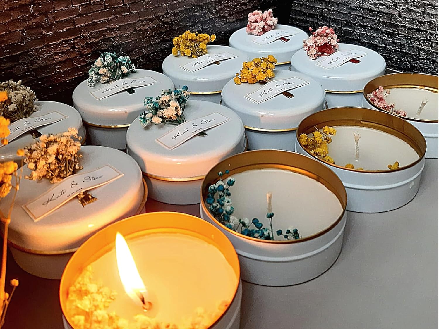 Personalized Natural Soy Wax Wedding Favor Candle Gift Set for Guest - Fall Winter Christmas Custom Dried Flower Bridal Baby Shower Gifts in Bulk (100 Pieces, Pink Flower)