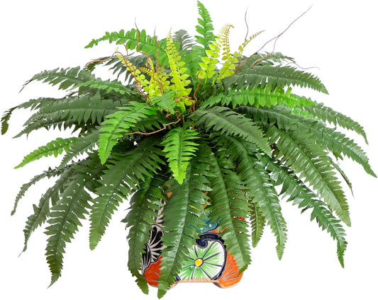 Nearly Natural 21in. Artificial Boston Fern in Handmade Mexican Talavera Ceramic Planter