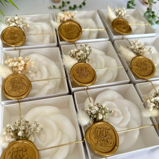 White Rose Petal Soy Wax Candles in Bulk - Scented Wedding Favor, Bridal Shower Baby Shower Birthday Gift - Dried Flower, Wax Stamp (100 Pieces)