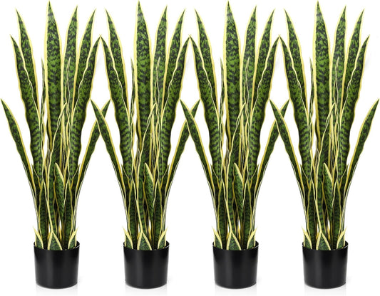Crowye 4 Pack 3.15 Ft Tall Artificial Snake Plant Faux Sansevieria Plant Large Fake Snake Bulk in Pot for Home Office Housewarming Gift