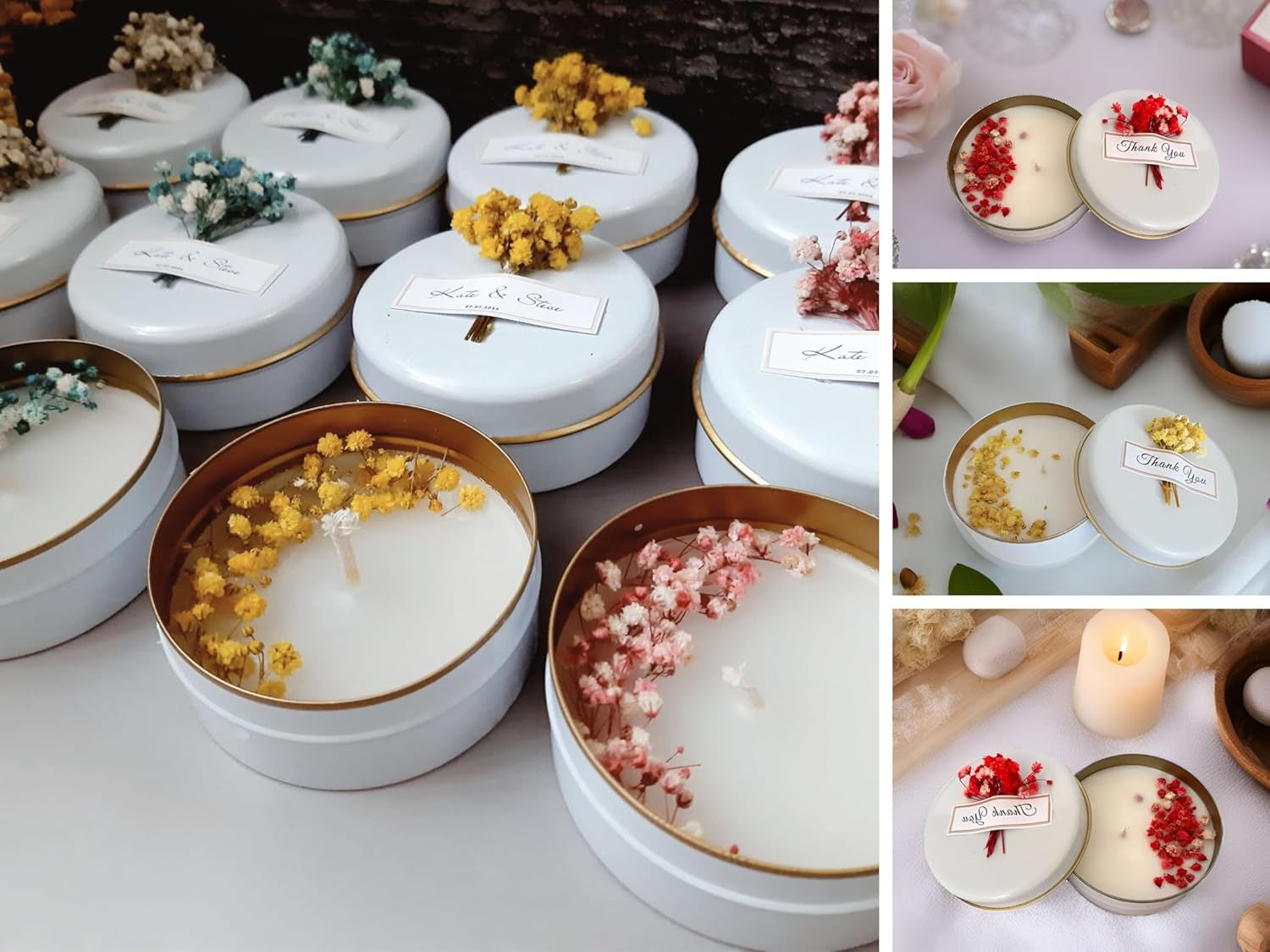 Personalized Natural Soy Wax Wedding Favor Candle Gift Set for Guest - Fall Winter Christmas Custom Dried Flower Bridal Baby Shower Gifts in Bulk (100 Pieces, Pink Flower)