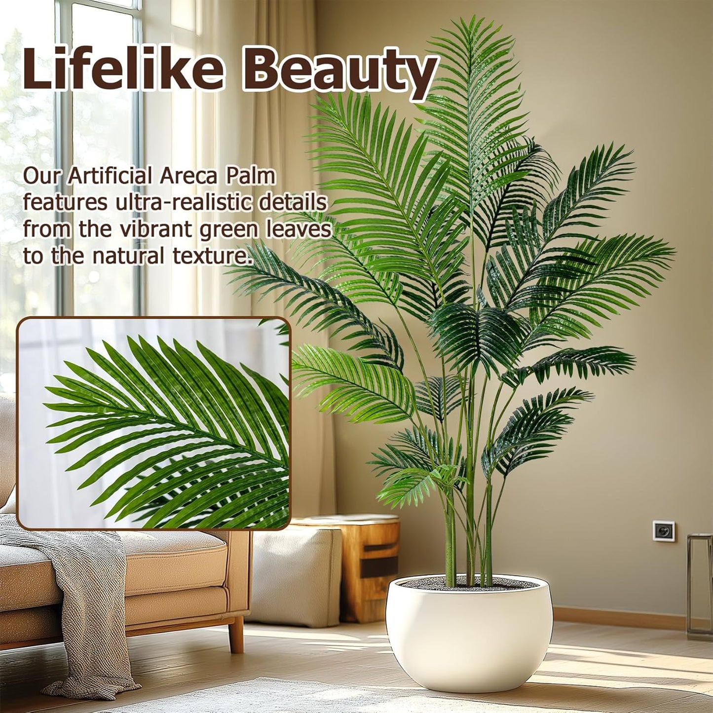 6.6FT Artificial Areca Palm Tree-Lifelike Palm Plant,Faux Tropical Areca Floor Plant in Pot Tall Fake Potted Faux Silk Large Artificial Plants for Indoor Home Living Room Corner Decor