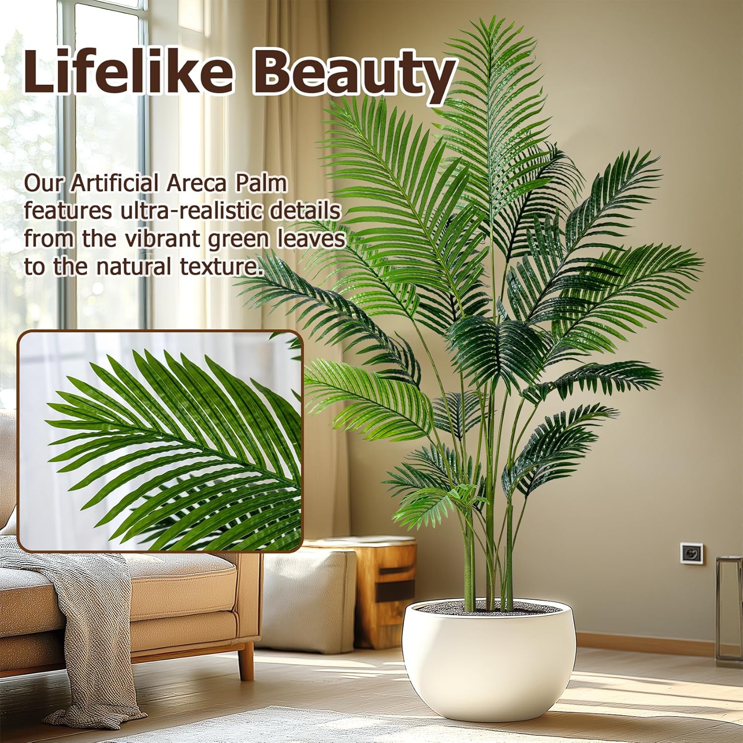 6.6FT Artificial Areca Palm Tree-Lifelike Palm Plant,Faux Tropical Areca Floor Plant in Pot Tall Fake Potted Faux Silk Large Artificial Plants for Indoor Home Living Room Corner Decor