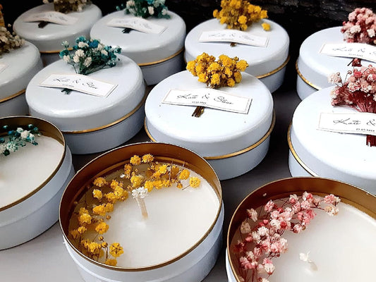 Personalized Natural Soy Wax Wedding Favor Candle Gift Set for Guest - Fall Winter Christmas Custom Dried Flower Bridal Baby Shower Gifts in Bulk (100 Pieces, Pink Flower)