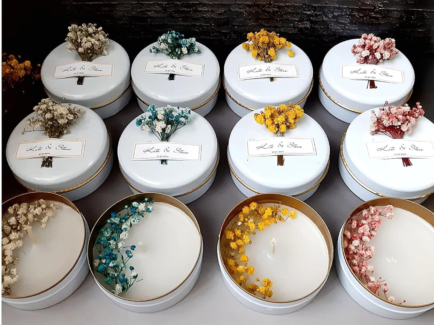 Personalized Natural Soy Wax Wedding Favor Candle Gift Set for Guest - Fall Winter Christmas Custom Dried Flower Bridal Baby Shower Gifts in Bulk (100 Pieces, Pink Flower)
