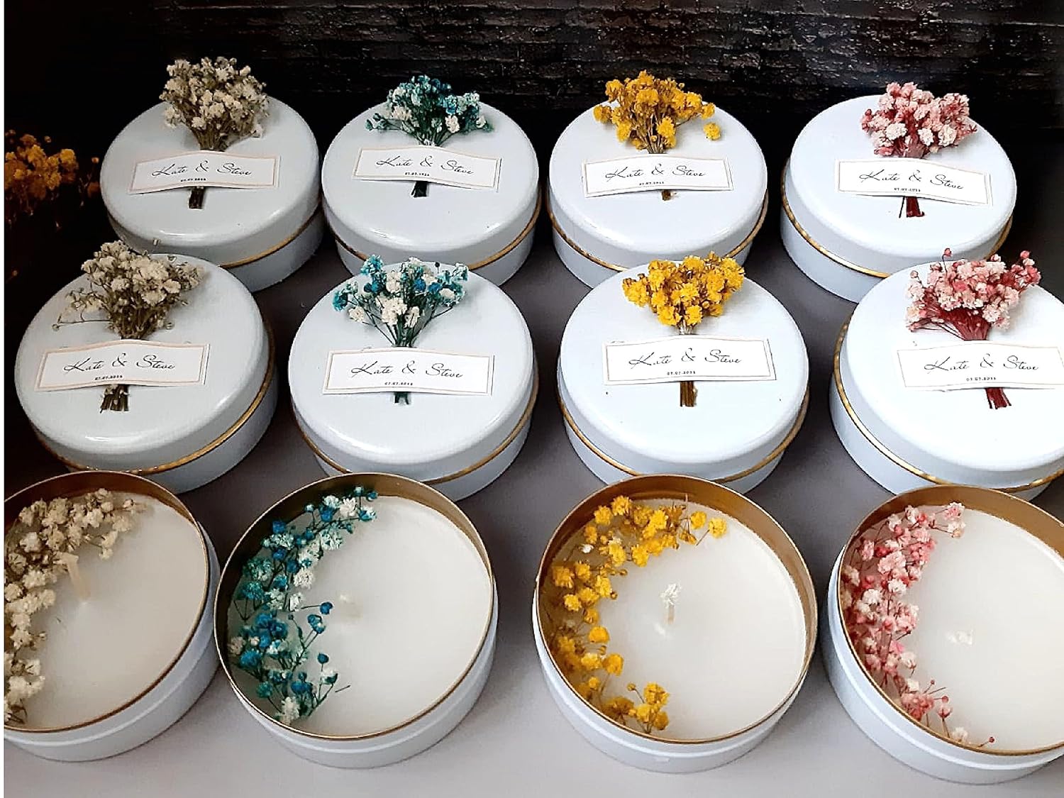Personalized Natural Soy Wax Wedding Favor Candle Gift Set for Guest - Fall Winter Christmas Custom Dried Flower Bridal Baby Shower Gifts in Bulk (100 Pieces, Pink Flower)
